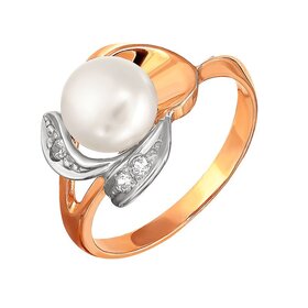 Кольцо из красного золота 585° пробы с жемчугом и фианитом